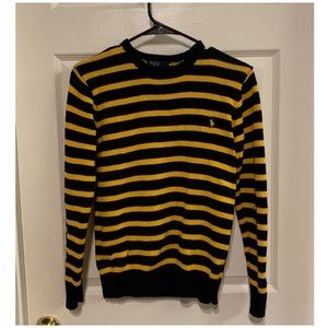 Navy and yellow striped polo knit sweater